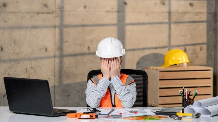builder sitting at desk with laptop. she's wearing a high-vis vest and hard hat, and has her hands covering her face