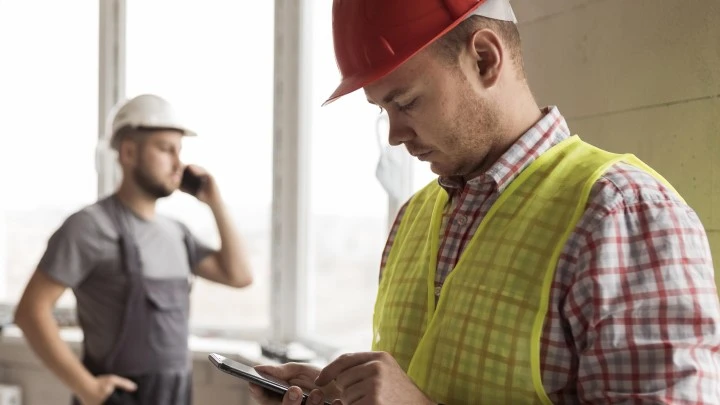 Builder looking at his phone whilst his colleague isi talking on his phone