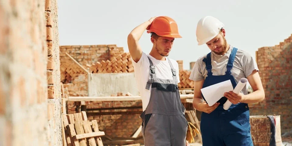 Two builders looking over a document whilst on a building site.