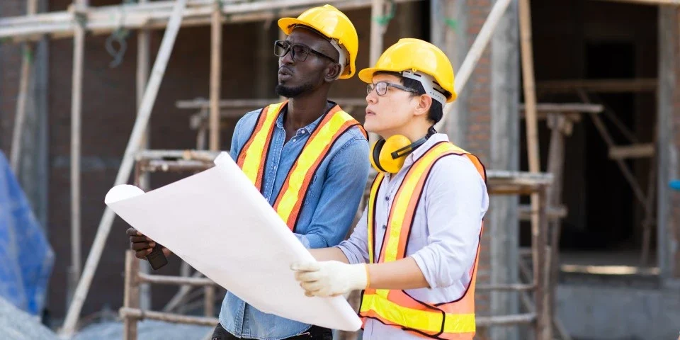 Two men at a construction site, holding a floor plan and looking up