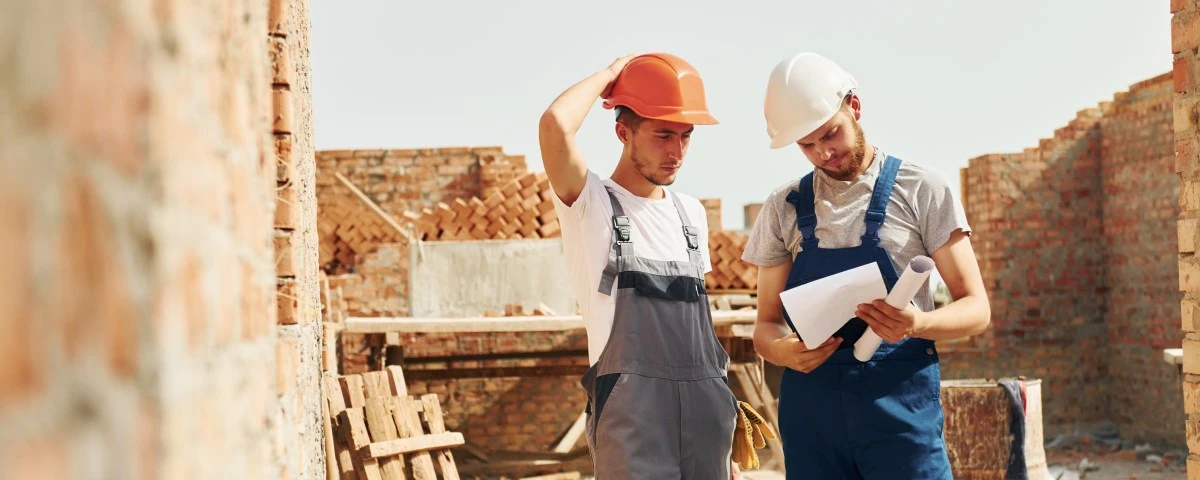 Two builders looking over a document whilst on a building site.