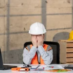 builder sitting at desk with laptop. she's wearing a high-vis vest and hard hat, and has her hands covering her face