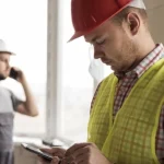 Builder looking at his phone whilst his colleague isi talking on his phone