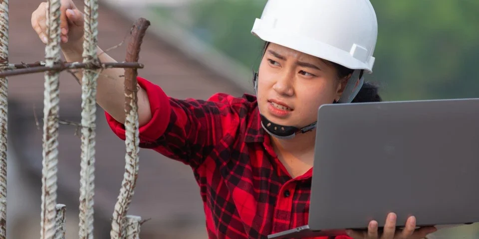 Builder working in the field whilst also holding a laptop