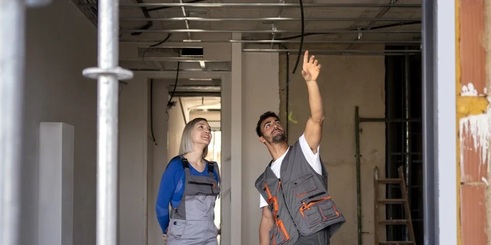 Pair of builders reviewing some work