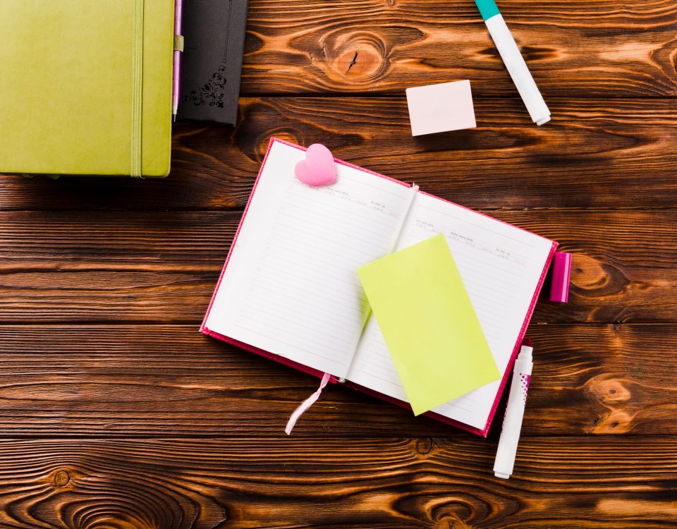 A notebook laid out on a desk with post-its and pens.