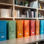 A row of colourful folders lined up on a desk.