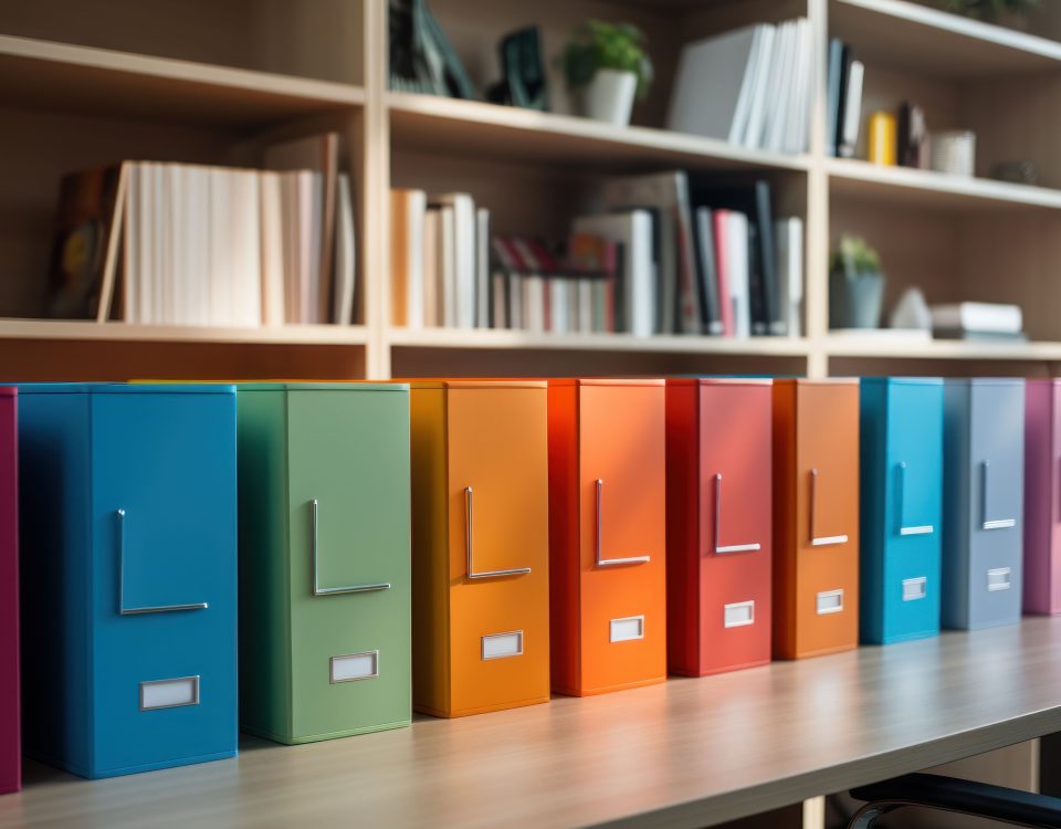 A row of colourful folders lined up on a desk.