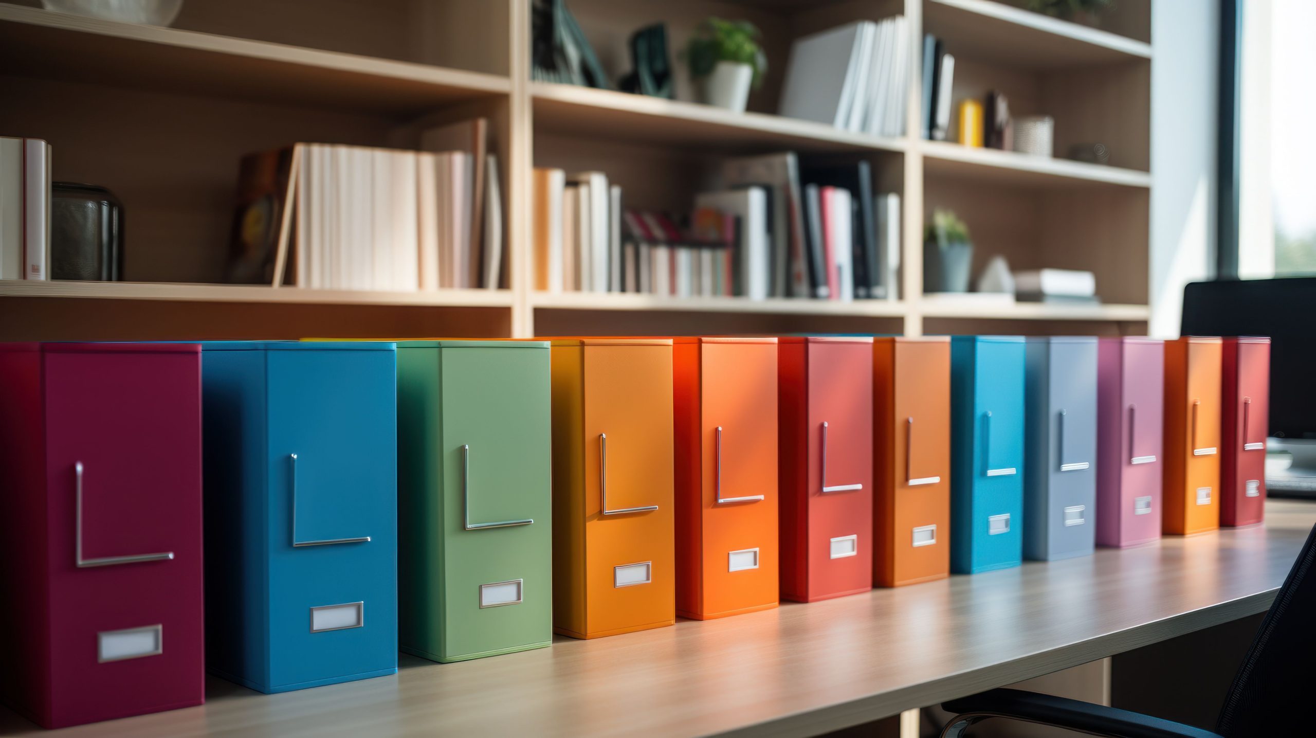 A row of colourful folders lined up on a desk.